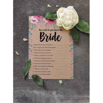 50 Cartões de Jogo Quadrados Kraft Florais em Branco para Preencher Ideias de Presente para Chá de Noiva e Despedida de Solteira - Inkdotpot 12,7 Cm × 17,78 Cm / Bege - Quiz da Noiva