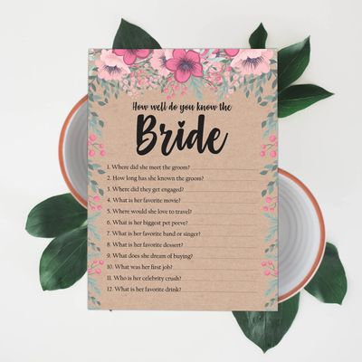 50 Cartões de Jogo Quadrados Kraft Florais em Branco para Preencher Ideias de Presente para Chá de Noiva e Despedida de Solteira - Inkdotpot 12,7 Cm × 17,78 Cm / Bege - Quiz da Noiva