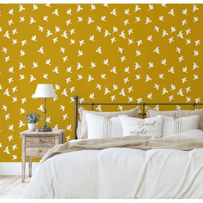 Papel de Parede Pássaros Voando Amarelo, Vinil Autoadesivo Decorativo, Revestimento DIY Fácil para Quarto, Sala e Ambientes - S4Sassy 63,5 cm (L) × 914,4 cm (C) / Amarelo - Vinil Liso