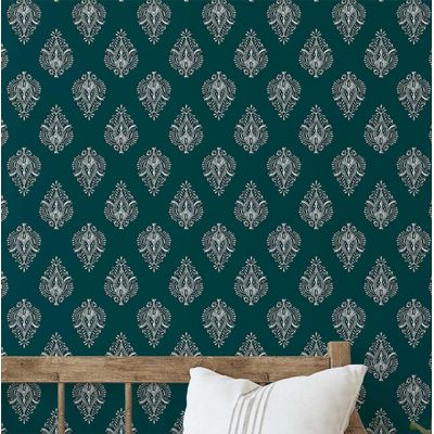 Papel de Parede Boho Estampado em Blocos, Estilo Asiático, Vinil Autoadesivo, Revestimento DIY para Quarto e Sala - Azul - S4Sassy 63,5 cm (L) × 152,4 cm (C) / Azul - Vinil Liso