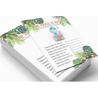 Jogo 'O Preço Certo' para Chá de Bebê Menina/Menino, Jogos Divertidos, Atividades e Decorações Tema Dinossauro, Pacote com 50 - Inkdotpot 12,7 Cm × 17,78 Cm / Branco
