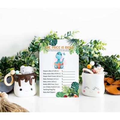 Jogo 'O Preço Certo' para Chá de Bebê Menina/Menino, Jogos Divertidos, Atividades e Decorações Tema Dinossauro, Pacote com 50 - Inkdotpot 12,7 Cm × 17,78 Cm / Branco