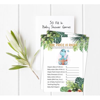 Jogo 'O Preço Certo' para Chá de Bebê Menina/Menino, Jogos Divertidos, Atividades e Decorações Tema Dinossauro, Pacote com 50 - Inkdotpot 12,7 Cm × 17,78 Cm / Branco