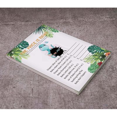 Jogo 'O Preço Certo' para Chá de Bebê Menina/Menino, Jogos Divertidos, Atividades e Decorações Tema Dinossauro, Pacote com 50 - Inkdotpot 12,7 Cm × 17,78 Cm / Branco