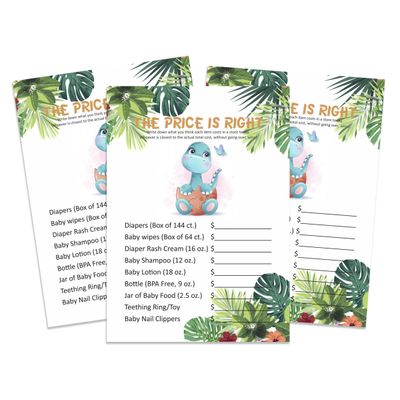 Jogo 'O Preço Certo' para Chá de Bebê Menina/Menino, Jogos Divertidos, Atividades e Decorações Tema Dinossauro, Pacote com 50 - Inkdotpot 12,7 Cm × 17,78 Cm / Branco