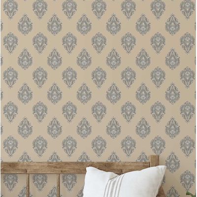 Papel de Parede com Estampa Boho em Blocos, Estilo Asiático, Vinil Autoadesivo, Fácil Aplicação para Quarto e Sala - Bege - S4Sassy 63,5 cm (L) × 609,6 cm (C) / Bege - Vinil Texturizado