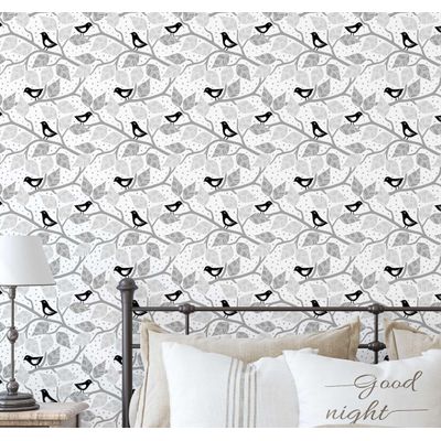 Papel de Parede Pássaro Azul e Galho para Paredes Cinza, Vinil Autoadesivo, Fácil DIY para Quarto Infantil e Brinquedoteca - S4Sassy 63,5 cm (L) × 152,4 cm (C) / Cinza - Vinil Liso