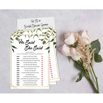Cartões de Jogo Quadrados em Branco para Chá de Noiva e Despedida de Solteira, 50 Peças, Tema Folhagens - Inkdotpot 12,7 Cm × 17,78 Cm / Branco - Ele Disse, Ela Disse