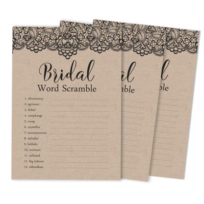 50 Cartões Quadrados Kraft em Branco com Renda Preta Vitoriana para Jogo de Chá de Noiva/Casamento/Despedida de Solteira - Inkdotpot 12,7 Cm × 17,78 Cm / Bege - Jogo de Palavras da Noiva