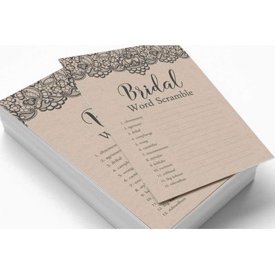 50 Cartões Quadrados Kraft em Branco com Renda Preta Vitoriana para Jogo de Chá de Noiva/Casamento/Despedida de Solteira - Inkdotpot 12,7 Cm × 17,78 Cm / Bege - Jogo de Palavras da Noiva