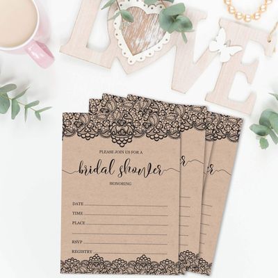 50 Cartões Quadrados Kraft em Branco com Renda Preta Vitoriana para Jogo de Chá de Noiva/Casamento/Despedida de Solteira - Inkdotpot 12,7 Cm × 17,78 Cm / Bege - Jogo de Palavras da Noiva