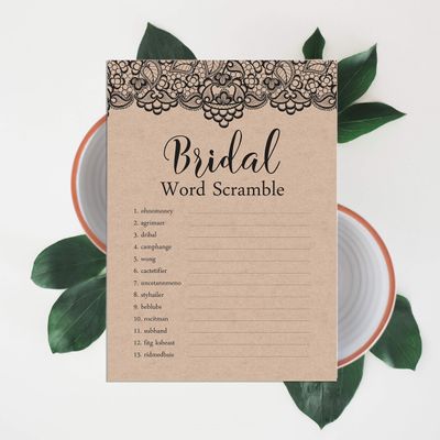 50 Cartões Quadrados Kraft em Branco com Renda Preta Vitoriana para Jogo de Chá de Noiva/Casamento/Despedida de Solteira - Inkdotpot 12,7 Cm × 17,78 Cm / Bege - Jogo de Palavras da Noiva
