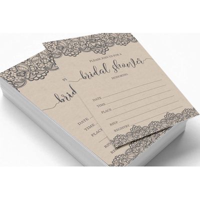 50 Cartões Quadrados Kraft em Branco com Renda Preta Vitoriana para Jogo de Chá de Noiva/Casamento/Despedida de Solteira - Inkdotpot 12,7 Cm × 17,78 Cm / Bege - Jogo de Palavras da Noiva