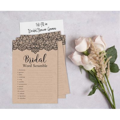 50 Cartões Quadrados Kraft em Branco com Renda Preta Vitoriana para Jogo de Chá de Noiva/Casamento/Despedida de Solteira - Inkdotpot 12,7 Cm × 17,78 Cm / Bege - Jogo de Palavras da Noiva