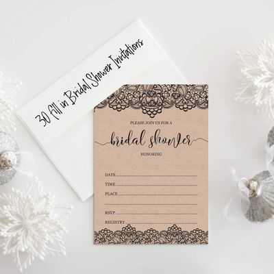 50 Cartões Quadrados Kraft em Branco com Renda Preta Vitoriana para Jogo de Chá de Noiva/Casamento/Despedida de Solteira - Inkdotpot 12,7 Cm × 17,78 Cm / Bege - Jogo de Palavras da Noiva
