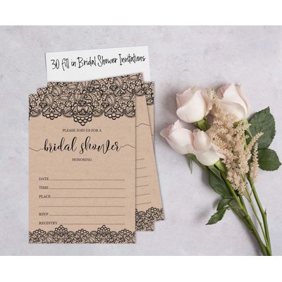 50 Cartões Quadrados Kraft em Branco com Renda Preta Vitoriana para Jogo de Chá de Noiva/Casamento/Despedida de Solteira - Inkdotpot 12,7 Cm × 17,78 Cm / Bege - Jogo de Palavras da Noiva