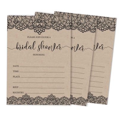 50 Cartões Quadrados Kraft em Branco com Renda Preta Vitoriana para Jogo de Chá de Noiva/Casamento/Despedida de Solteira - Inkdotpot 12,7 Cm × 17,78 Cm / Bege - Jogo de Palavras da Noiva
