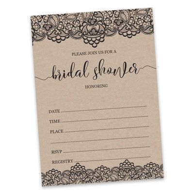 50 Cartões Quadrados Kraft em Branco com Renda Preta Vitoriana para Jogo de Chá de Noiva/Casamento/Despedida de Solteira - Inkdotpot 12,7 Cm × 17,78 Cm / Bege - Jogo de Palavras da Noiva