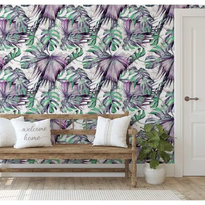 Papel de Parede Roxo com Folha de Monstera, Vinil Autoadesivo, Revestimento Decorativo, Aplicação DIY Fácil para Quarto e Sala - S4Sassy 63,5 cm (L) × 304,8 cm (C) / Roxo - Vinil Liso