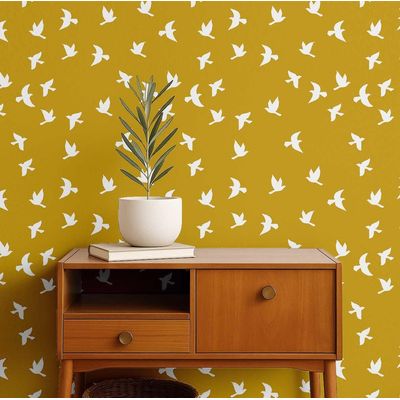 Papel de Parede Pássaros Voando Amarelo, Vinil Autoadesivo Decorativo, Revestimento DIY Fácil para Quarto, Sala e Ambientes - S4Sassy 63,5 cm (L) × 152,4 cm (C) / Amarelo - Vinil Liso