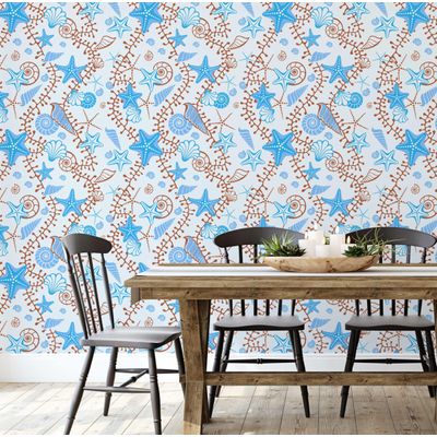 Vinil Autoadesivo Removível Azul com Estrelas-do-Mar e Conchas Divertidas para Banheiro, Lavanderia e Closet - S4Sassy 63,5 cm (L) × 304,8 cm (C) / Azul - Vinil Liso