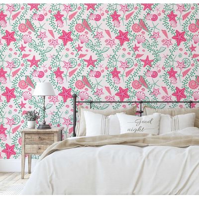 Revestimento Autoadesivo Removível em Vinil Rosa com Estrelas-do-Mar e Conchas para Banheiro, Lavanderia e Closet - S4Sassy 63,5 cm (L) × 304,8 cm (C) / Rosa - Vinil Liso