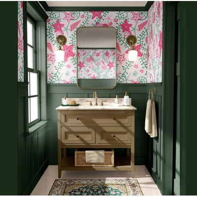 Revestimento Autoadesivo Removível em Vinil Rosa com Estrelas-do-Mar e Conchas para Banheiro, Lavanderia e Closet - S4Sassy 63,5 cm (L) × 304,8 cm (C) / Rosa - Vinil Liso
