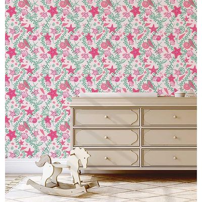 Revestimento Autoadesivo Removível em Vinil Rosa com Estrelas-do-Mar e Conchas para Banheiro, Lavanderia e Closet - S4Sassy 63,5 cm (L) × 304,8 cm (C) / Rosa - Vinil Liso