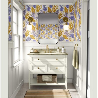 Papel de Parede Vinílico Autoadesivo Removível - Algas e Conchas Marinhas Amarelas, Mural para Banheiro e Lavanderia - S4Sassy 63,5 cm (L) × 304,8 cm (C) / Amarelo - Vinil Liso