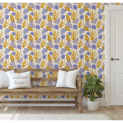 Papel de Parede Vinílico Autoadesivo Removível - Algas e Conchas Marinhas Amarelas, Mural para Banheiro e Lavanderia - S4Sassy 63,5 cm (L) × 304,8 cm (C) / Amarelo - Vinil Liso