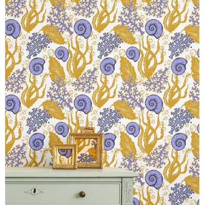 Papel de Parede Vinílico Autoadesivo Removível - Algas e Conchas Marinhas Amarelas, Mural para Banheiro e Lavanderia - S4Sassy 63,5 cm (L) × 304,8 cm (C) / Amarelo - Vinil Liso