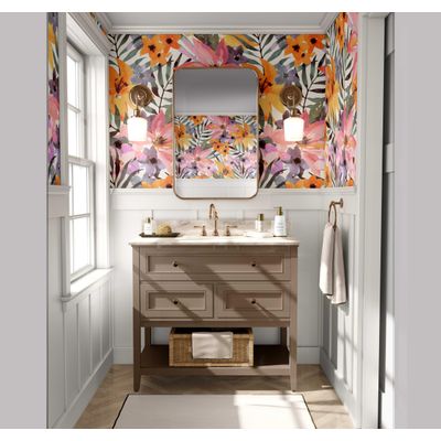 Papel de Parede Autoadesivo Removível, Mural Tropical Aquarela Jardim de Lírios Multicolorido para Banheiro, Lavanderia e Closet - S4Sassy 63,5 cm (L) × 304,8 cm (C) / Multicolorido - Vinil Liso