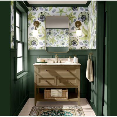 Adesivo de Parede Vinílico Removível Vida Marinha Aquarela Conchas e Estrelas-do-Mar Verde para Banheiro, Lavanderia e Armário - S4Sassy 63,5 cm (L) × 304,8 cm (C) / Verde - Vinil Liso