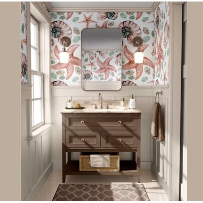 Papel de Parede Autocolante Removível Conchas e Estrelas-do-Mar Aquarela Marrom para Banheiro, Lavanderia, Closet - S4Sassy 63,5 cm (L) × 304,8 cm (C) / Marrom - Vinil Liso
