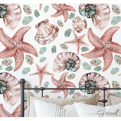 Papel de Parede Autocolante Removível Conchas e Estrelas-do-Mar Aquarela Marrom para Banheiro, Lavanderia, Closet - S4Sassy 63,5 cm (L) × 304,8 cm (C) / Marrom - Vinil Liso
