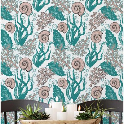 Papel de Parede Autoadesivo Removível Algas e Conchas Subaquáticas Verde — Mural Instantâneo para Banheiro, Lavanderia e Closet - S4Sassy 63,5 cm (L) × 304,8 cm (C) / Verde - Vinil Liso