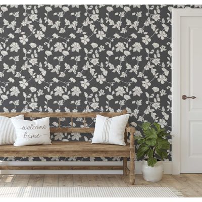 Papel de Parede Autoadesivo e Removível Floral Estilo Esboço, Mural Instantâneo Cinza para Quarto, Banheiro, Lavanderia e Closet - S4Sassy 63,5 cm (L) × 914,4 cm (C) / Cinza - Vinil Liso