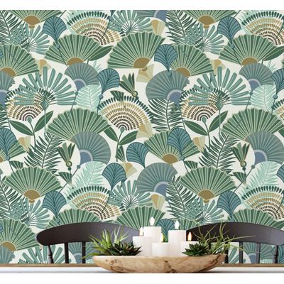 Papel de Parede Autoadesivo Palmeira-Leque Tropical Removível Verde Instantâneo para Quarto, Banheiro, Lavanderia, Closet - S4Sassy 63,5 cm (L) × 609,6 cm (C) / Verde - Vinil Liso