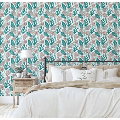 Papel de Parede Autoadesivo Removível Algas e Conchas Subaquáticas Verde — Mural Instantâneo para Banheiro, Lavanderia e Closet - S4Sassy 63,5 cm (L) × 609,6 cm (C) / Verde - Vinil Liso