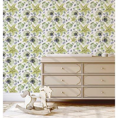 Adesivo de Parede Vinílico Removível Vida Marinha Aquarela Conchas e Estrelas-do-Mar Verde para Banheiro, Lavanderia e Armário - S4Sassy 63,5 cm (L) × 914,4 cm (C) / Verde - Vinil Liso