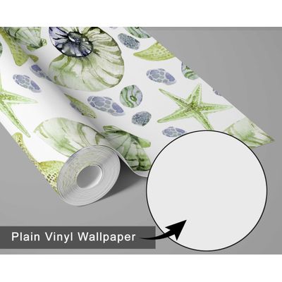 Adesivo de Parede Vinílico Removível Vida Marinha Aquarela Conchas e Estrelas-do-Mar Verde para Banheiro, Lavanderia e Armário - S4Sassy 63,5 cm (L) × 914,4 cm (C) / Verde - Vinil Liso