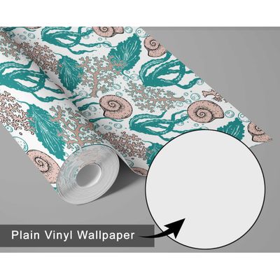 Papel de Parede Autoadesivo Removível Algas e Conchas Subaquáticas Verde — Mural Instantâneo para Banheiro, Lavanderia e Closet - S4Sassy 63,5 cm (L) × 914,4 cm (C) / Verde - Vinil Liso
