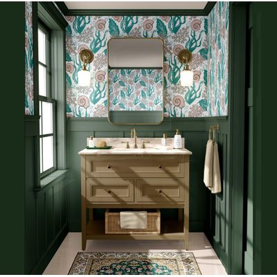 Papel de Parede Autoadesivo Removível Algas e Conchas Subaquáticas Verde — Mural Instantâneo para Banheiro, Lavanderia e Closet - S4Sassy 63,5 cm (L) × 152,4 cm (C) / Verde - Vinil Liso