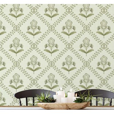 Revestimento Autoadesivo Removível Floral Diagonal Buti, Mural Estilo Asiático Para Banheiro, Lavanderia e Armário, Vinil Verde - S4Sassy 63,5 cm (L) × 152,4 cm (C) / Verde - Vinil Texturizado