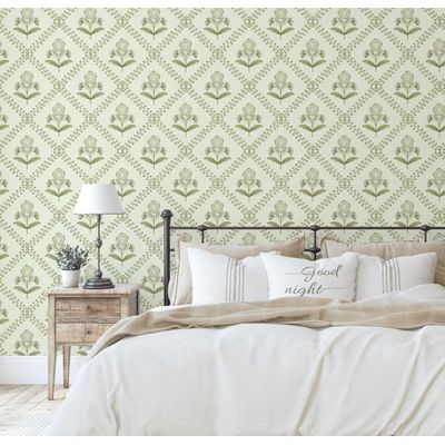 Revestimento Autoadesivo Removível Floral Diagonal Buti, Mural Estilo Asiático Para Banheiro, Lavanderia e Armário, Vinil Verde - S4Sassy 63,5 cm (L) × 152,4 cm (C) / Verde - Vinil Texturizado