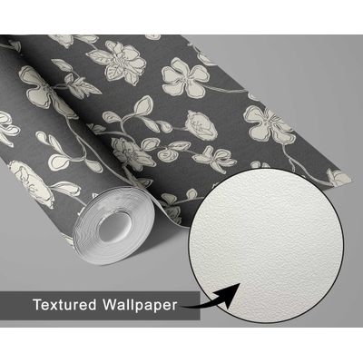 Papel de Parede Autoadesivo e Removível Floral Estilo Esboço, Mural Instantâneo Cinza para Quarto, Banheiro, Lavanderia e Closet - S4Sassy 63,5 cm (L) × 152,4 cm (C) / Cinza - Vinil Texturizado