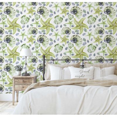Adesivo de Parede Vinílico Removível Vida Marinha Aquarela Conchas e Estrelas-do-Mar Verde para Banheiro, Lavanderia e Armário - S4Sassy 63,5 cm (L) × 152,4 cm (C) / Verde - Vinil Texturizado