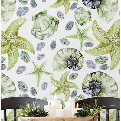 Adesivo de Parede Vinílico Removível Vida Marinha Aquarela Conchas e Estrelas-do-Mar Verde para Banheiro, Lavanderia e Armário - S4Sassy 63,5 cm (L) × 152,4 cm (C) / Verde - Vinil Texturizado