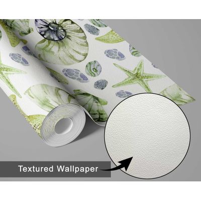 Adesivo de Parede Vinílico Removível Vida Marinha Aquarela Conchas e Estrelas-do-Mar Verde para Banheiro, Lavanderia e Armário - S4Sassy 63,5 cm (L) × 152,4 cm (C) / Verde - Vinil Texturizado