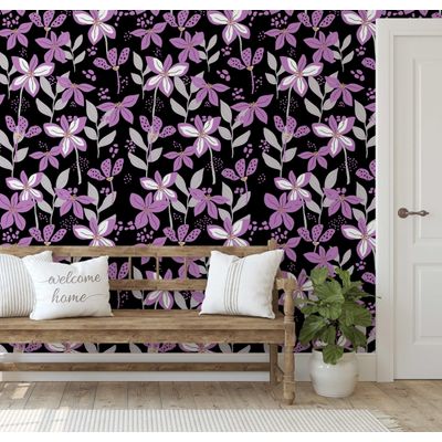 Papel de Parede Autoadesivo Removível Pétalas Douradas, Mural Roxo Instantâneo para Quarto, Banheiro, Lavanderia e Closet - S4Sassy 63,5 cm (L) × 152,4 cm (C) / Roxo - Vinil Texturizado